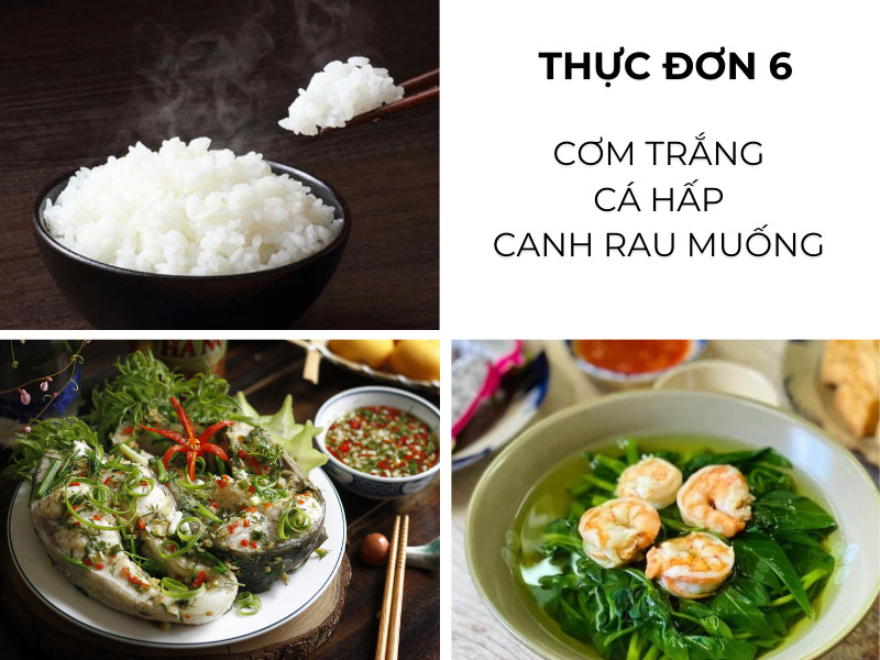 Cơm trắng, cá hấp, canh rau muống