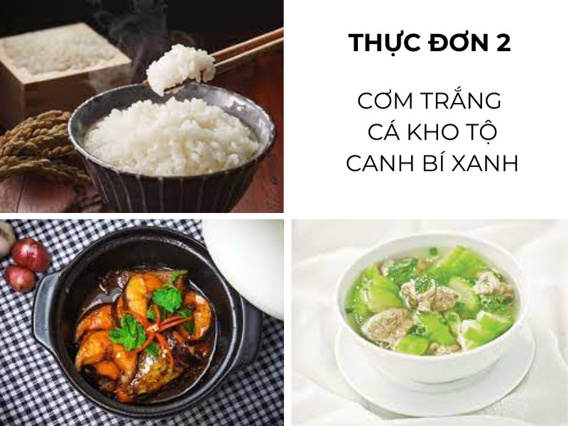 Cơm trắng, cá kho tộ, canh bí xanh