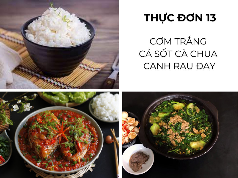 Cơm trắng, cá sốt cà chua, canh rau đay