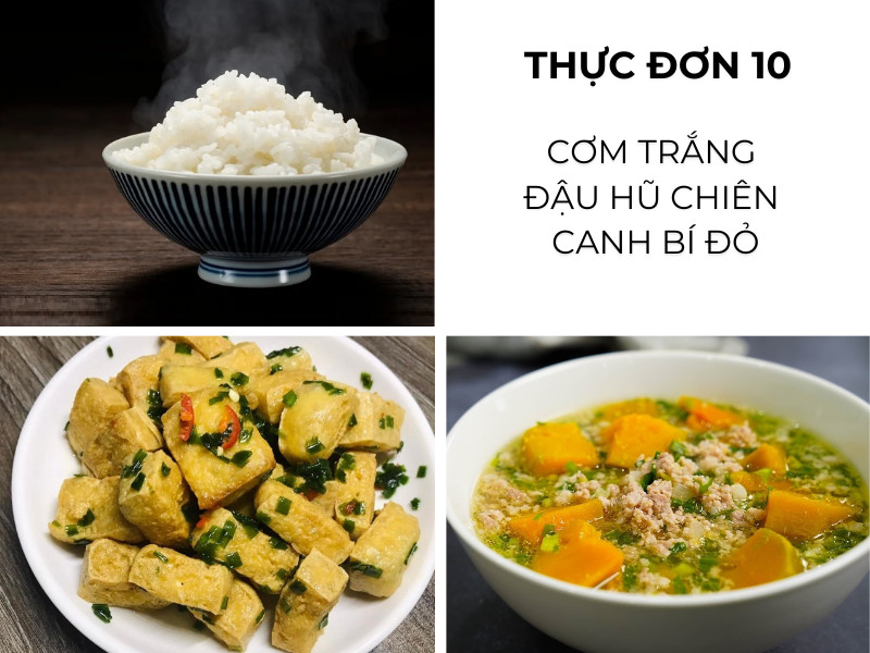 Cơm trắng, đậu hũ chiên, canh bí đỏ