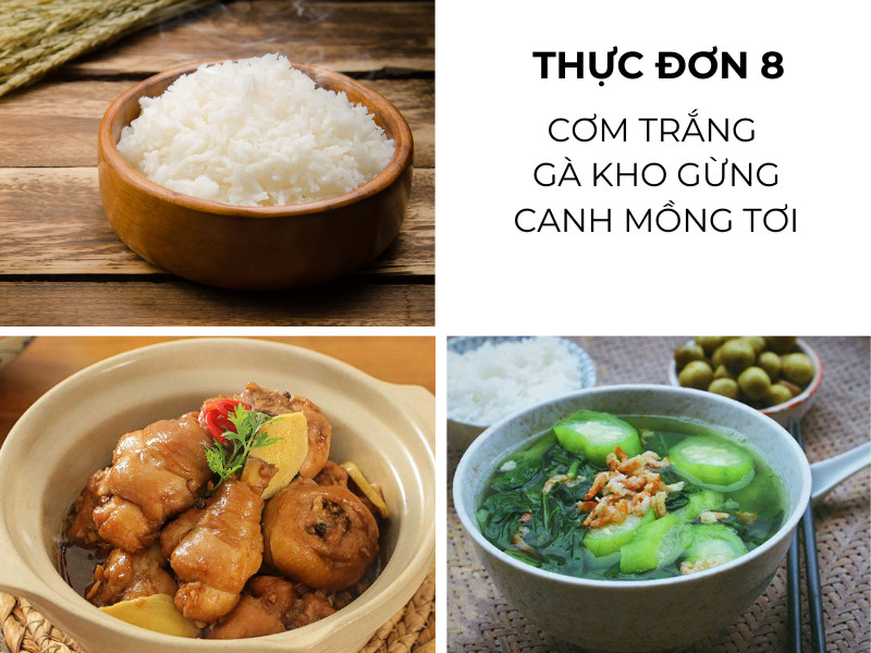 Cơm trắng, gà kho gừng, canh mồng tơi