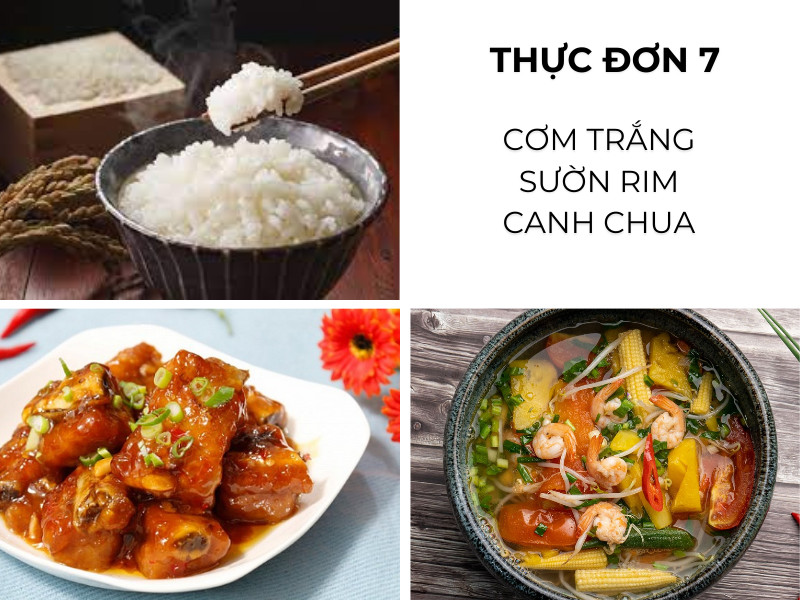 Cơm trắng, sườn rim, canh chua