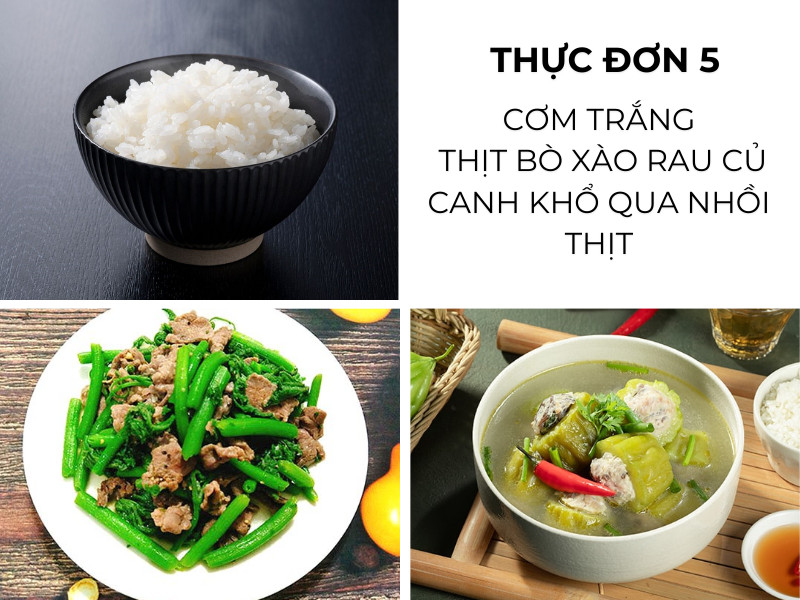 Cơm trắng, thịt bò xào rau củ, canh khổ qua nhồi thịt