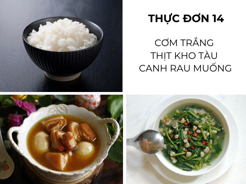 Cơm trắng, thịt kho tàu, canh rau muống