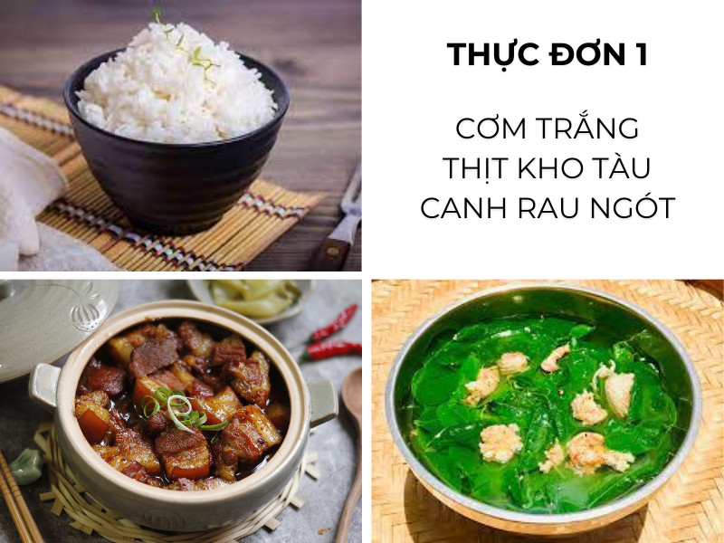 Cơm trắng, thịt kho tàu, canh rau ngót