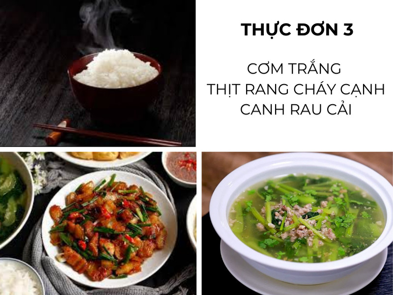 Cơm trắng, thịt rang cháy cạnh, canh rau cải