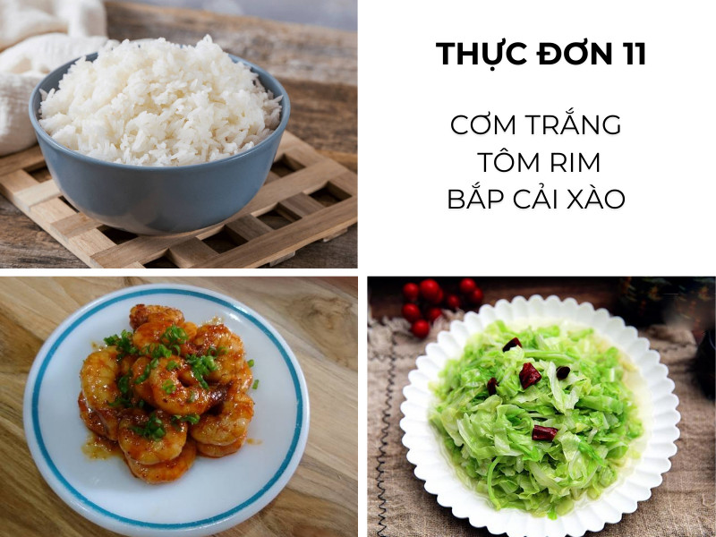 Cơm trắng, tôm rim, bắp cải xào