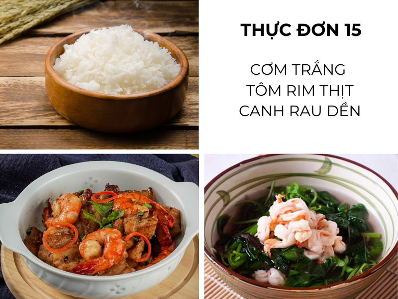 Cơm trắng, tôm rim thịt, canh rau dền