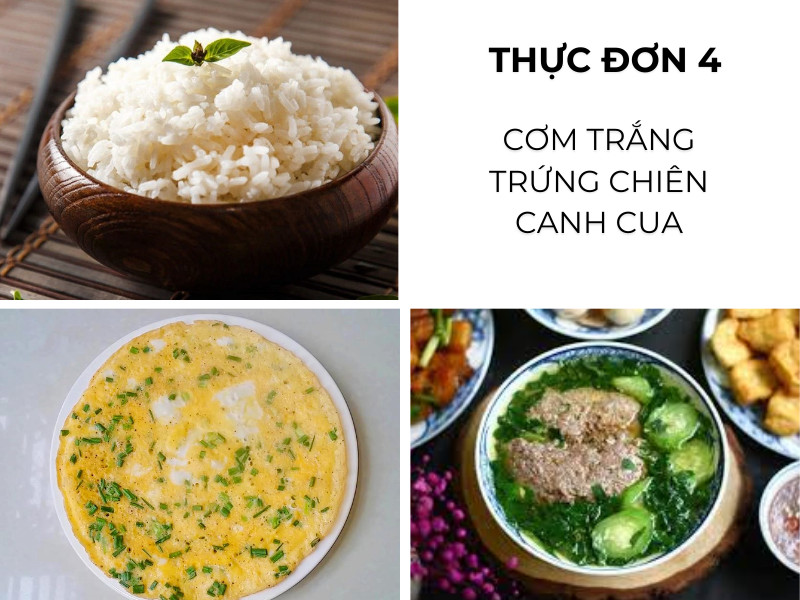 Cơm trắng, trứng chiên, canh cua