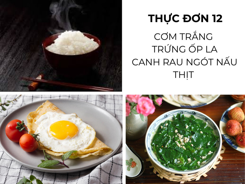 Cơm trắng, trứng ốp la, canh rau ngót nấu thịt